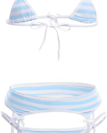 Cute Striped Bikini Lingerie Set Bra Panty Garter Belt Underwear Set