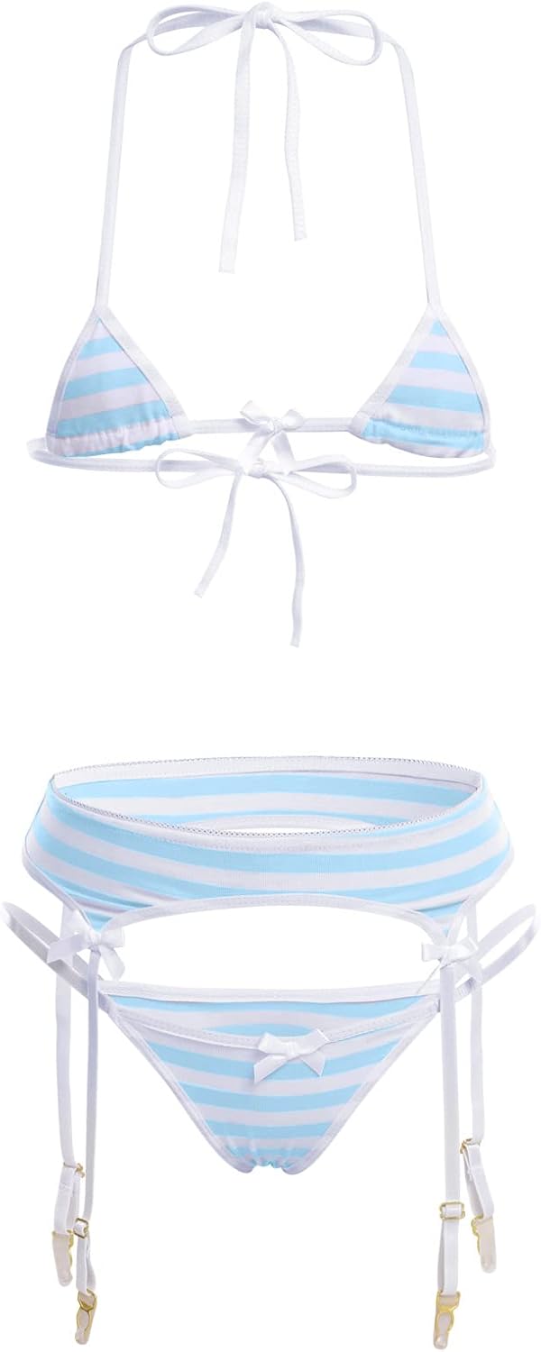 Cute Striped Bikini Lingerie Set Bra Panty Garter Belt Underwear Set