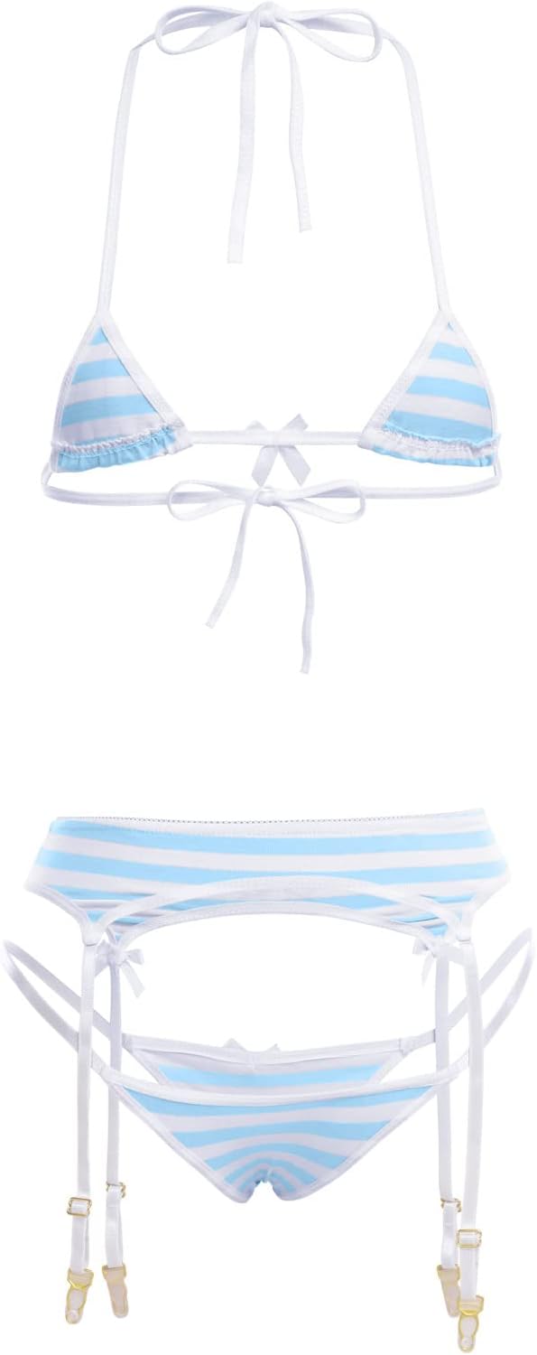 Cute Striped Bikini Lingerie Set Bra Panty Garter Belt Underwear Set