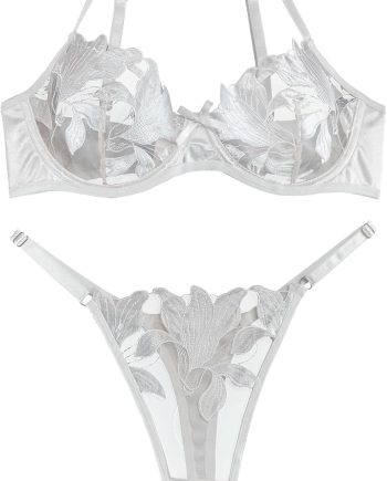 Satin Mesh Floral Sheer Embroidered Underwire Lingerie Set