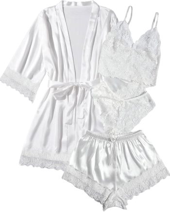 Silk Satin Pajamas Set Floral Lace Cami Sleepwear with Robe