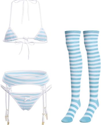 Cute Anime Lingerie Set Halter Strap Bra Panty Garter Belt Stockings