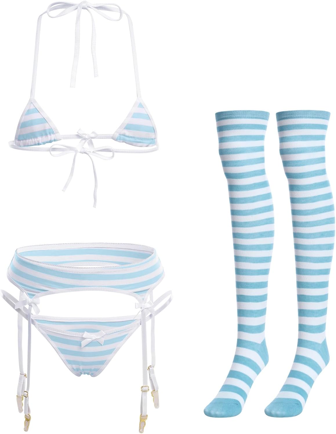 Cute Anime Lingerie Set Halter Strap Bra Panty Garter Belt Stockings
