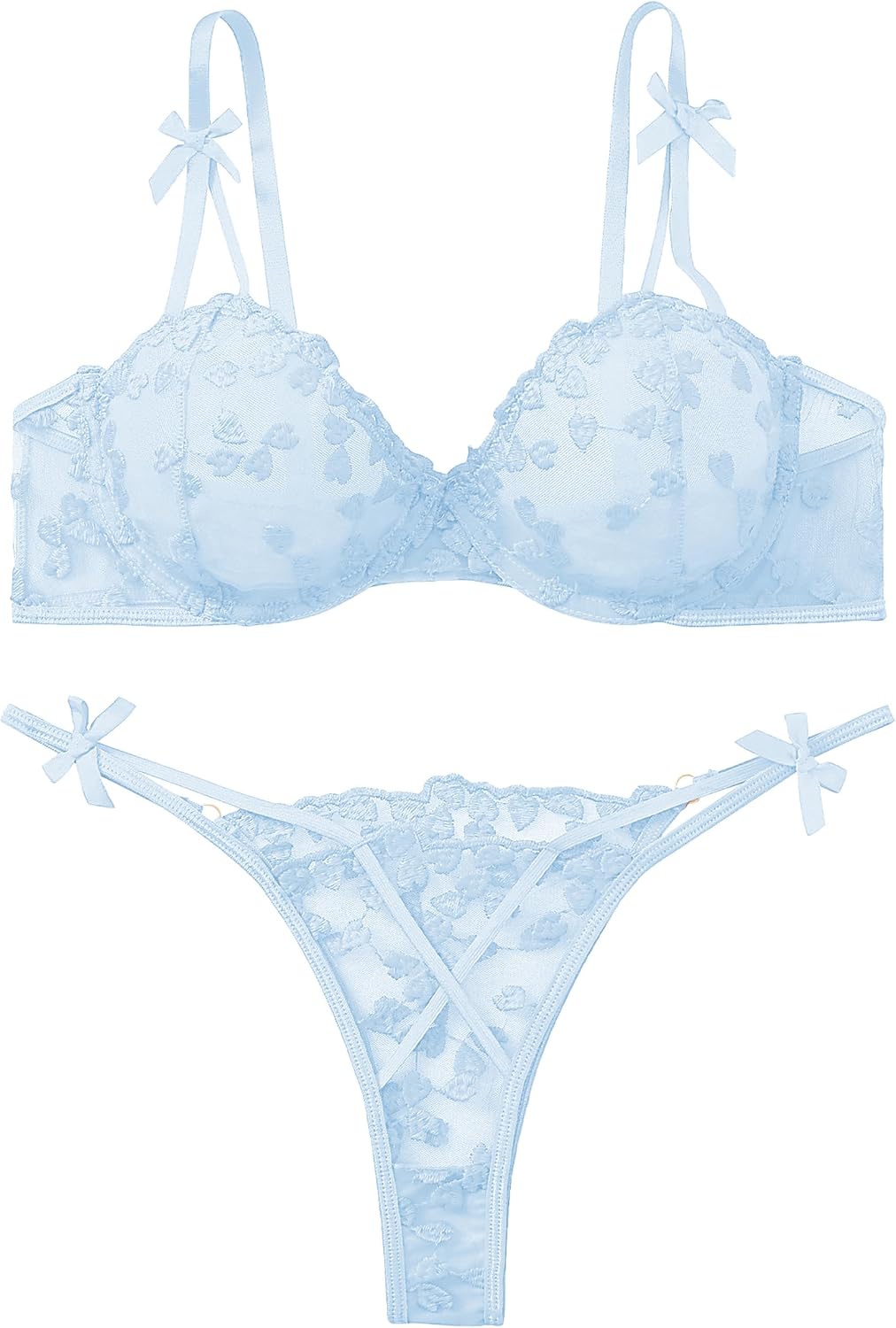 Sexy Womens Lingerie Set Floral Embroidered Underwire G-String Cute Mesh Sheer Bra And Panty Sets For Women
