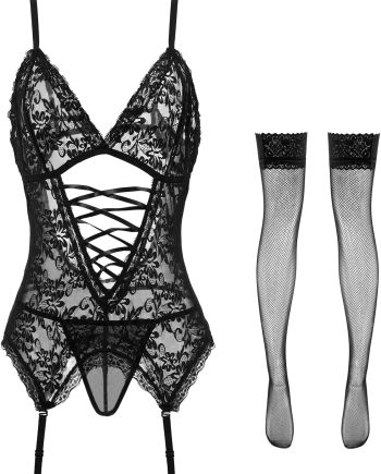 Stretchy Lace Teddy Lingerie with Stockings