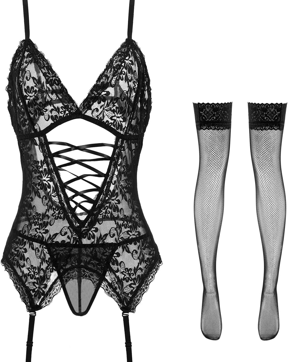 Stretchy Lace Teddy Lingerie with Stockings