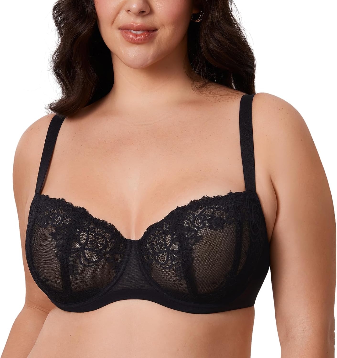 Women's Balconette Lace Bra Plus Size Sexy See Through Unlined Underwire Bras