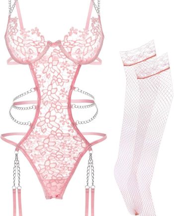 Floral Lace Teddy Strap Chain Babydoll Bodysuit Set with Garter Belts