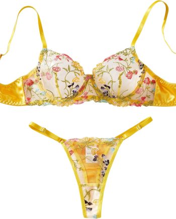 Sexy Floral Embroidered Mesh Women Underwire Push Up Lingerie Set