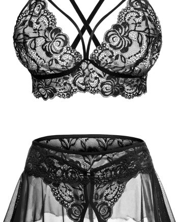 Three Piece Lace Bralette Mini Skirt G String Lingerie Outfit