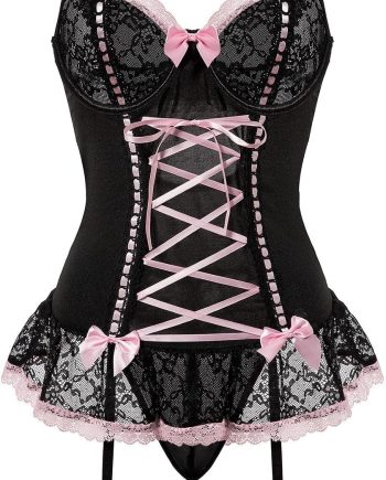 Mesh Corset Ruffle Lace Up Underwire Garter Belt Babydoll Set