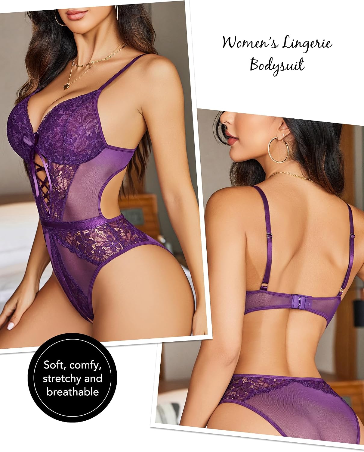 Sexy Lingerie for Women Lace Bodysuit One Piece Teddy Lingerie Mesh V Neck Sleepwear