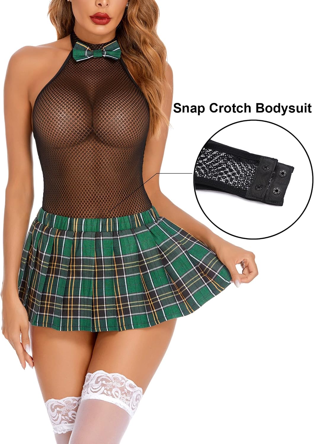 Women Schoolgirl Lingerie Sexy Roleplay Lingerie Set Student Snap Crotch Bodysuit and Mini Skirt